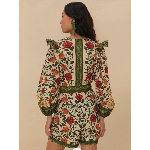 Farm‎ Rio Sand Garden Tapestry Romper XS Floral Green Puff Sleeve Cottage Whimsy - Picture 11 of 16